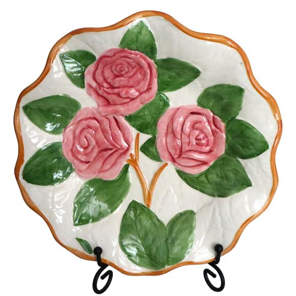 Vintage Fleurs Du Jardin Hand Painted Rose Plate Pink Embossed Wavy 8" Dessert - Picture 1 of 6